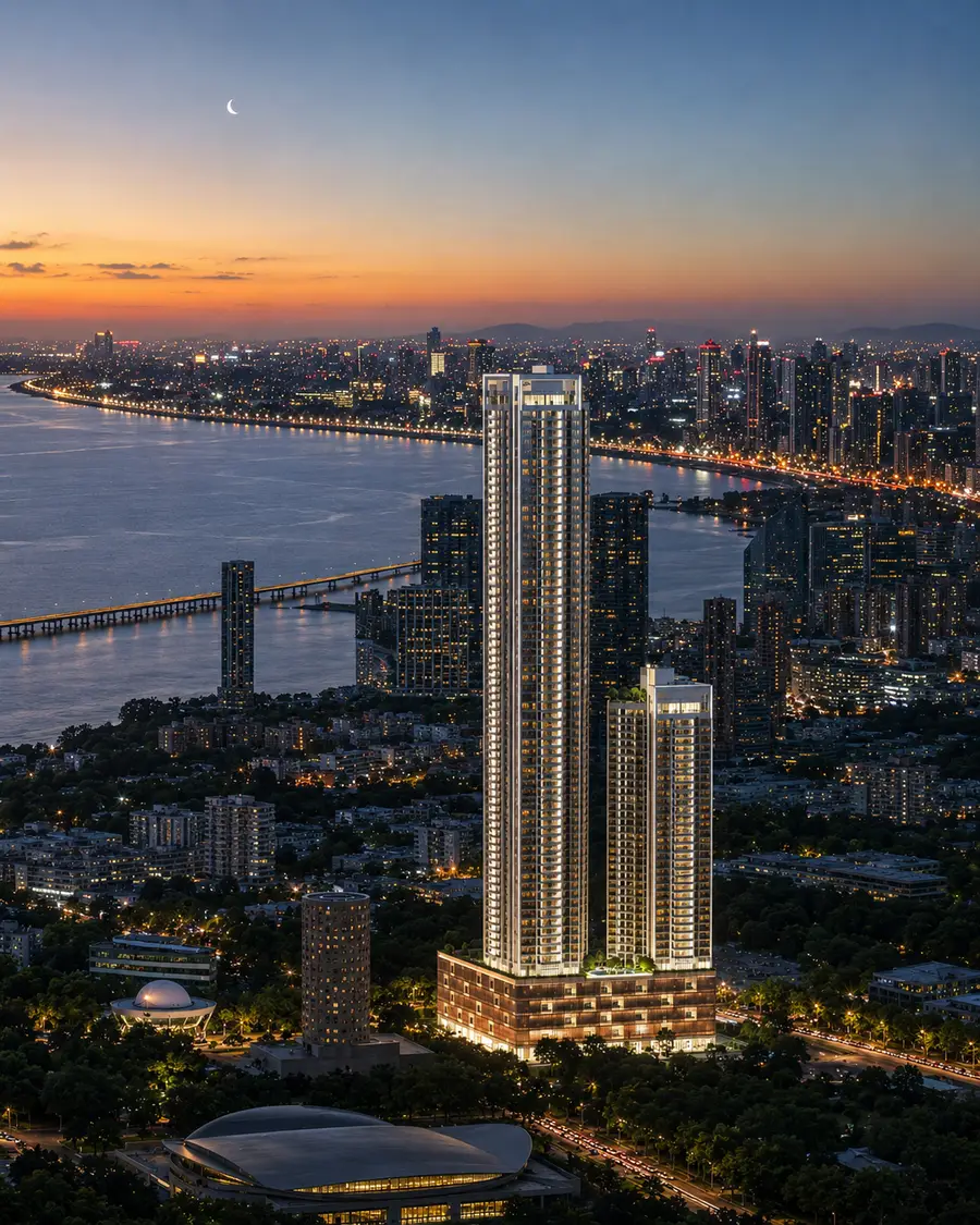 Godrej Trilogy at dusk above the Worli skyline